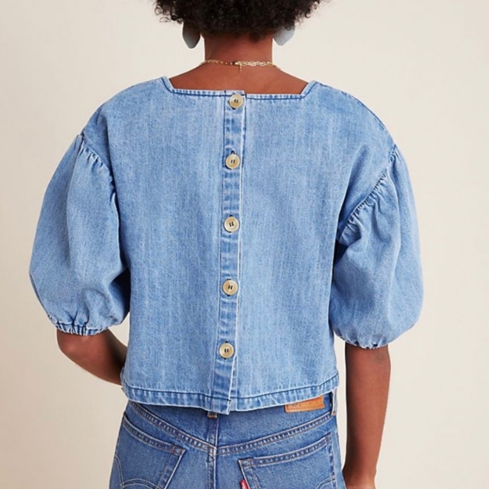 Anthropologie the Odells Denim Puff Sleeve Cropped Top - Picture 3 of 16